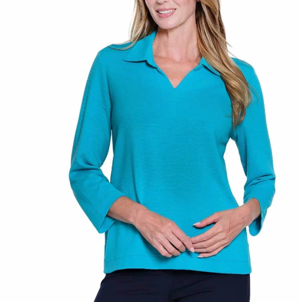 NEW MULTIPLES johnny collar 3/4 sleeve top in aqua
